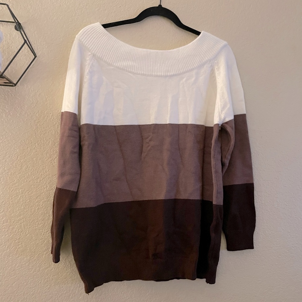 White & Brown Color Block Sweater - Size M